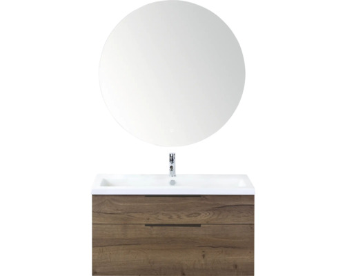 SANOX Badkamermeubelset Think tabacco 100 cm met twee lades incl. kunststenen wastafel met één kraangat en Rondo spiegel Badkamermeubel met ronde spiegel en twee lades