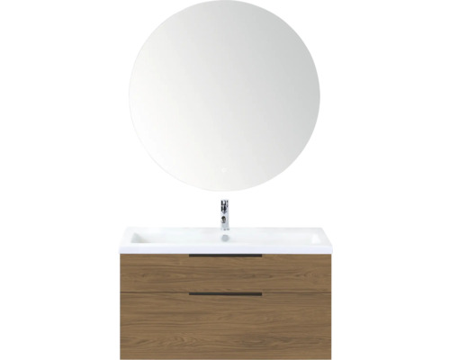 SANOX Badkamermeubelset Think honey 100 cm met twee lades incl. kunststenen wastafel met één kraangat en Rondo spiegel Wastafelmeubel met onderkast en ronde spiegel voor de badkamer