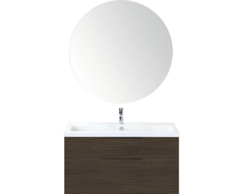 SANOX Badkamermeubelset Think smoke brown 100 cm met twee lades incl. kunststenen wastafel met één kraangat en Rondo spiegel Wastafelmeubel met onderkast en ronde spiegel voor de badkamer