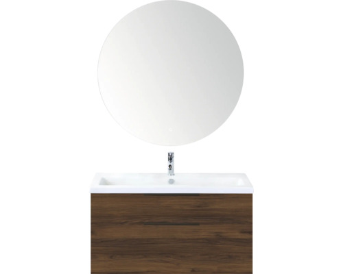 SANOX Badkamermeubelset Think walnoot 100 cm met twee lades incl. kunststenen wastafel met één kraangat en Rondo spiegel Wastafelmeubel met ronde spiegel en onderkast