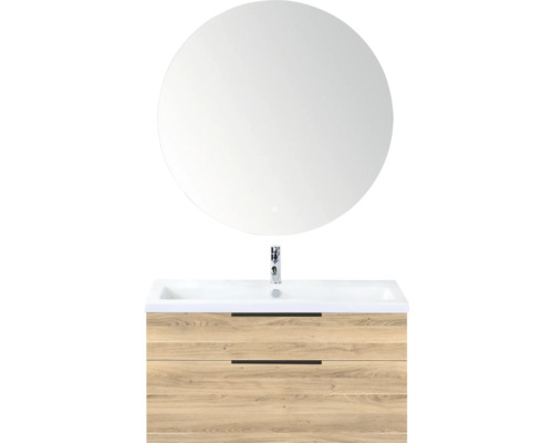 SANOX Badkamermeubelset Think grey oak 100 cm met twee lades incl. kunststenen wastafel met één kraangat en Rondo spiegel Wastafelonderkast met ronde spiegel en waskom