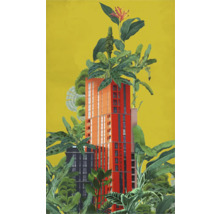 Illustratie van een hoog gebouw omgeven door planten