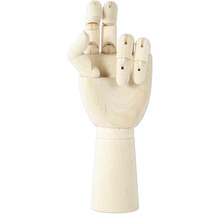 Houten gearticuleerde hand die het vredesteken toont