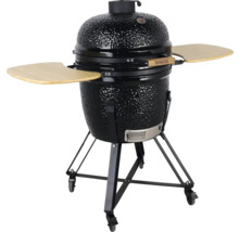 Zwarte keramische barbecue met zijtafels en onderstel