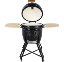 Zwarte keramische barbecue met zijtafels en verrijdbaar onderstel