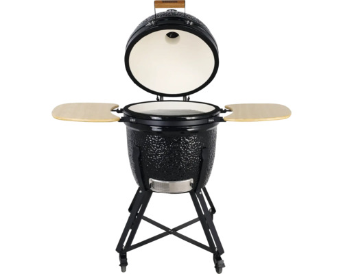 Zwarte keramische barbecue met zijtafels en verrijdbaar onderstel