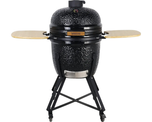 Zwarte keramische barbecue met zijplanken en verrijdbaar onderstel