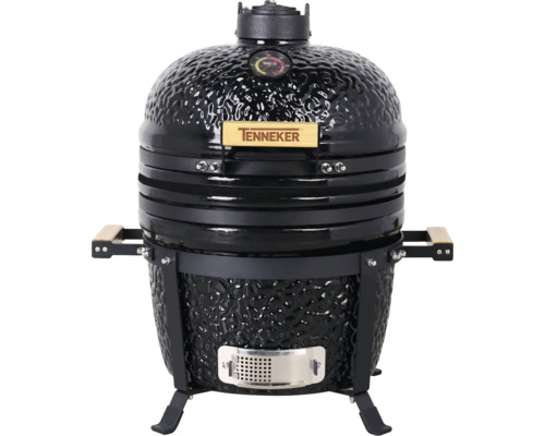 Zwarte keramische barbecue met temperatuurweergave en Tenneker logo