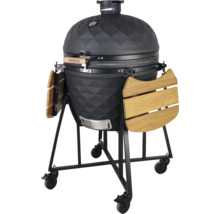 Zwarte keramische barbecue op wielen met houten planken