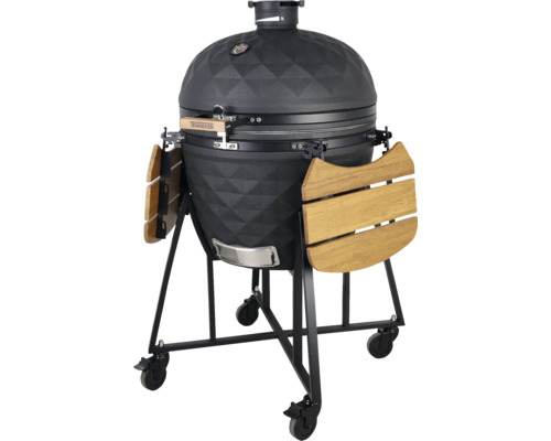 Zwarte keramische barbecue op wielen met houten planken