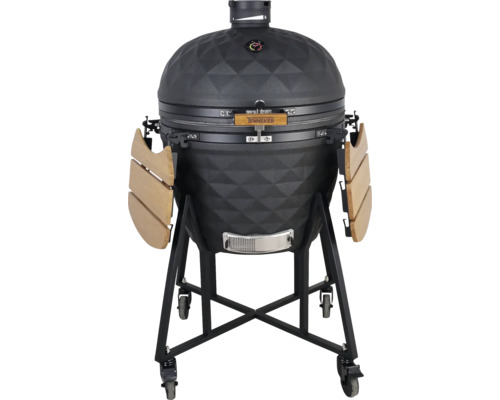 Keramische grill op wielen met twee houten planken