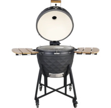 Keramische grill met open deksel en twee opbergplanken