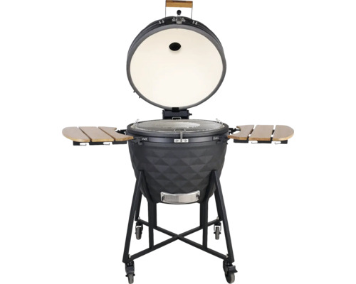 Keramische grill met open deksel en twee opbergplanken