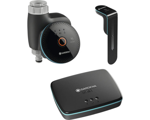 Gardena Smart System bestaande uit besproeiingscomputer, sensor en gateway