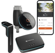 Gardena Smart System met irrigatiecomputer, sensor en gateway, plus smartphone met app-weergave