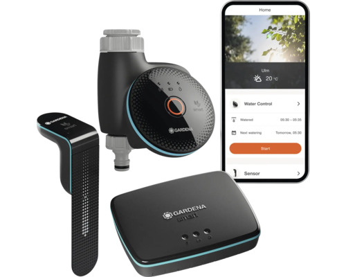 Gardena Smart System met irrigatiecomputer, sensor en gateway, plus smartphone met app-weergave