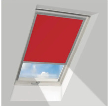 Verduisterend rolgordijn voor dakramen in rood met zijgeleidingsprofielen.
