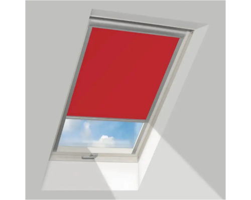 Verduisterend rolgordijn voor dakramen in rood met zijgeleidingsprofielen.