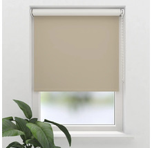 Beige rolgordijn met kettingbediening in een witte raamkozijn.