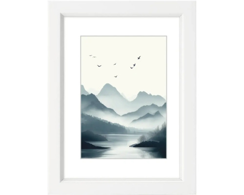 Ingelijste muurdecoratie met bergmeer en vogels