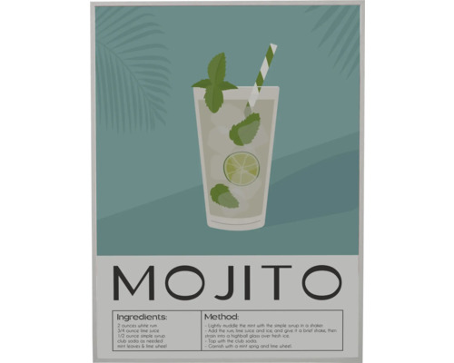 Decopaneel Mojito cocktail blauw groen 30x40 cm Illustratie van een Mojito recept met ingrediënten en bereidingswijze