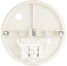 Aanzicht van een ronde kunststof aansluitdoos met aansluitklemmen