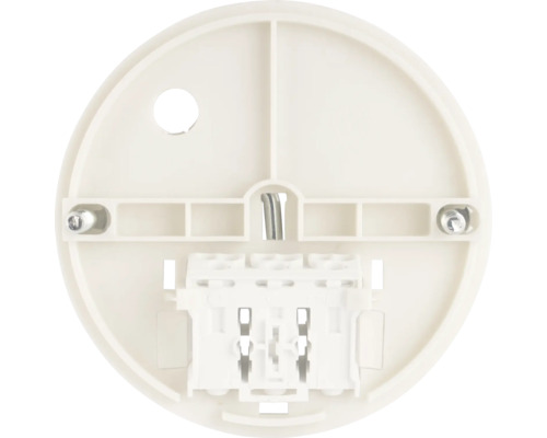 Aanzicht van een ronde kunststof aansluitdoos met aansluitklemmen