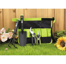 Tuingereedschapsset met tas, bestaande uit een schep, een cultivator, een tuinschaar en een rozenschaar.
