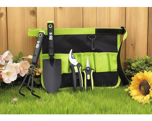 Tuingereedschapsset met tas, bestaande uit een schep, een cultivator, een tuinschaar en een rozenschaar.