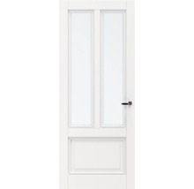 Witte binnendeur met twee glazen panelen en zwarte deurklink