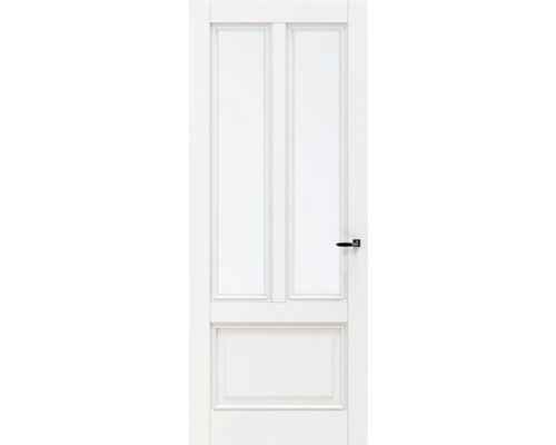 Witte binnendeur met twee glazen panelen en zwarte deurklink