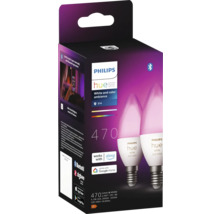 Verpakking van twee Philips Hue E14 lampen met witte en gekleurde ambiance