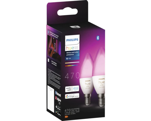 Verpakking van twee Philips Hue E14 lampen met witte en gekleurde ambiance