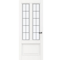 Witte binnendeur met glazen panelen en zwarte deurklink