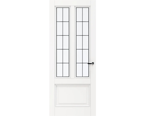 Witte binnendeur met glazen panelen en zwarte deurklink