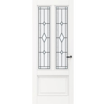 Witte binnendeur met geometrisch glas-in-lood ontwerp
