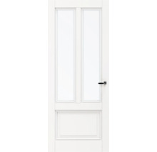 Witte binnendeur met twee glazen panelen en een zwarte deurklink.