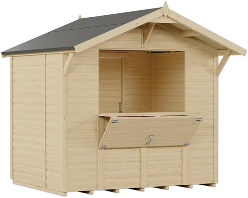Houten marktkraam met open toonbank