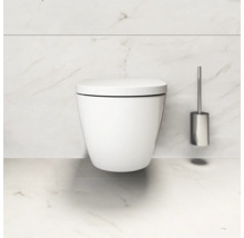 Wandhangend toilet met toiletborstel in een badkamer met marmeren tegels