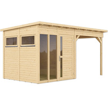 Houten tuinhuis met ramen, deur en overdekt terras