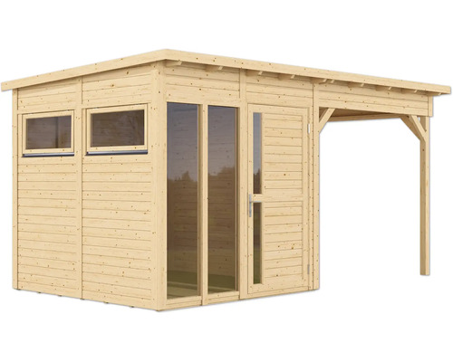 Houten tuinhuis met ramen, deur en overdekt terras