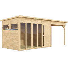 Houten tuinhuis met ramen, deur en aanbouw