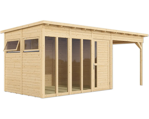 Houten tuinhuis met ramen, deur en aanbouw