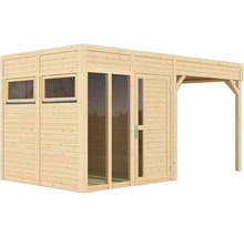 Houten tuinhuis met ramen, deur en aanbouw