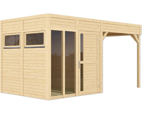Houten tuinhuis met ramen, deur en aanbouw