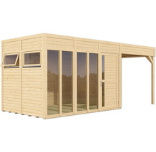 Houten tuinhuis met ramen, deur en kleine luifel
