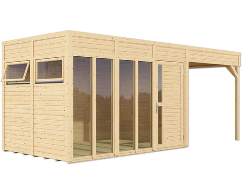 Houten tuinhuis met ramen, deur en kleine luifel