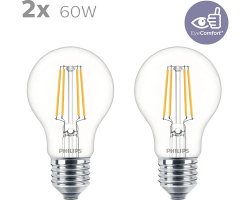 Twee 60-Watt gloeilampen met Philips logo en EyeComfort keurmerk
