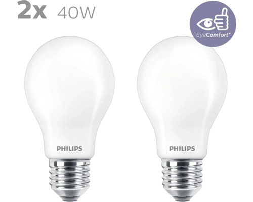 PHILIPS LED lamp E27/3,4W = 40W A60 warmwit mat 2 stuks Twee 40-watt gloeilampen van Philips met EyeComfort-keurmerk