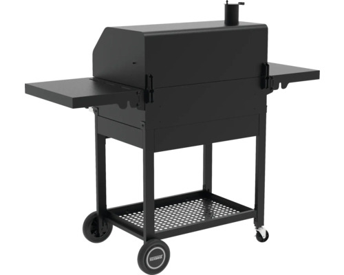 Zwarte houtskoolgrill met opbergplanken en wielen